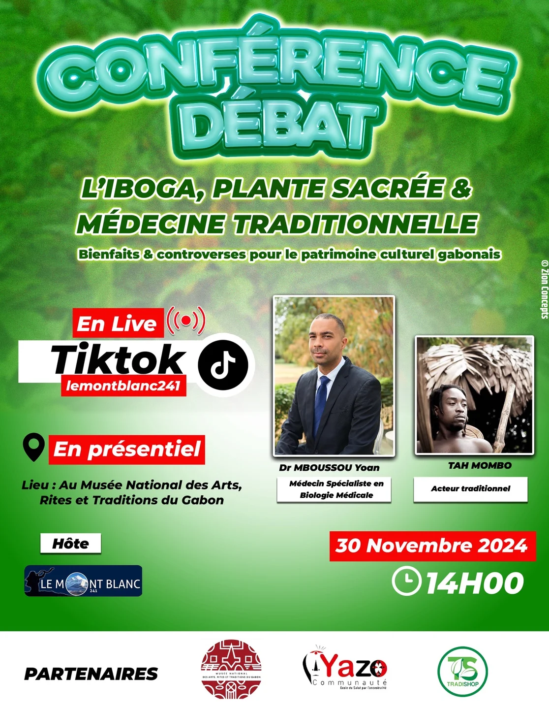Affiche d’une conférence-débat sur l’iboga, plante et patrimoine gabonais