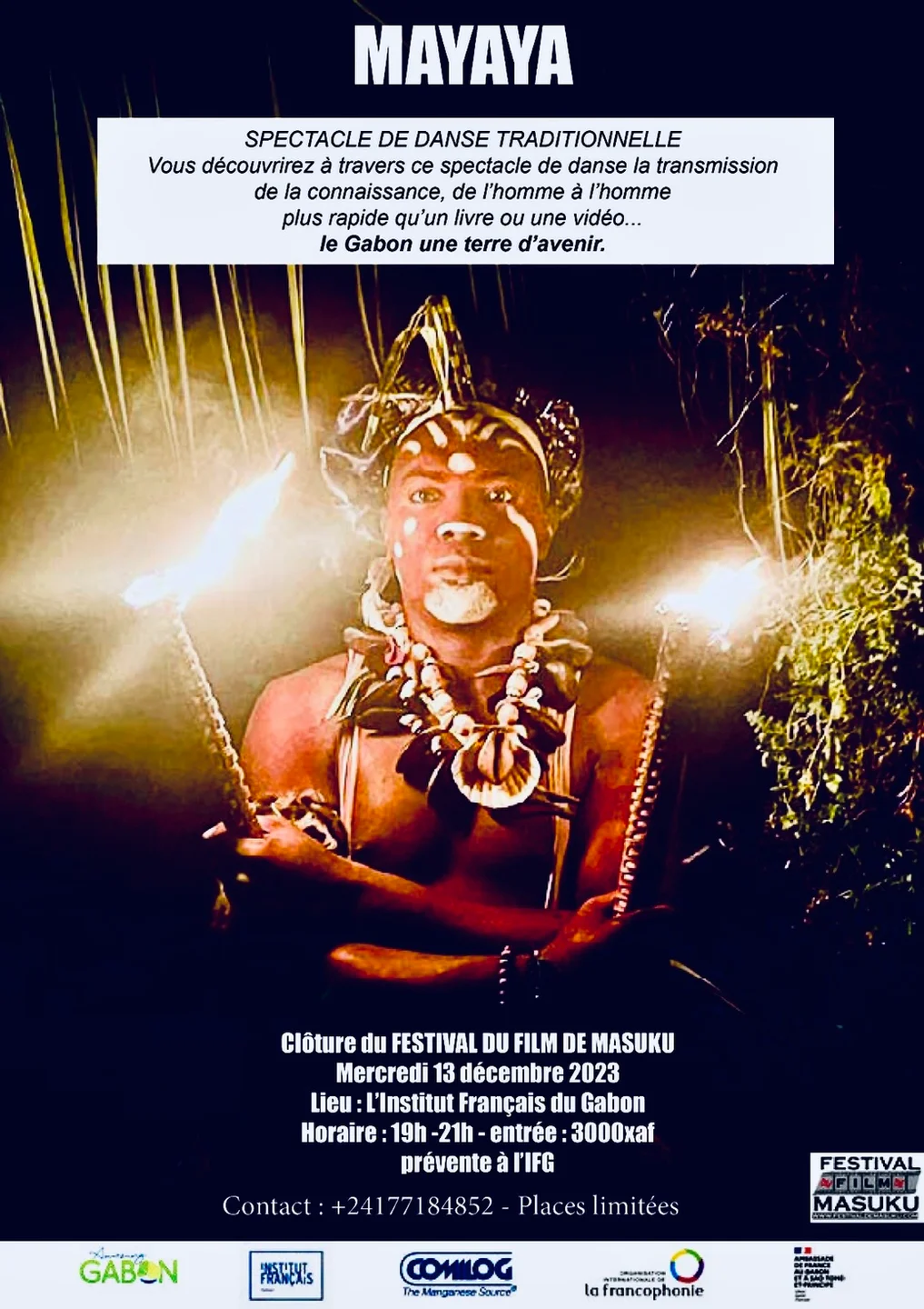 Affiche MAYAY avec portrait et éléments de l’imaginaire culturel gabonais