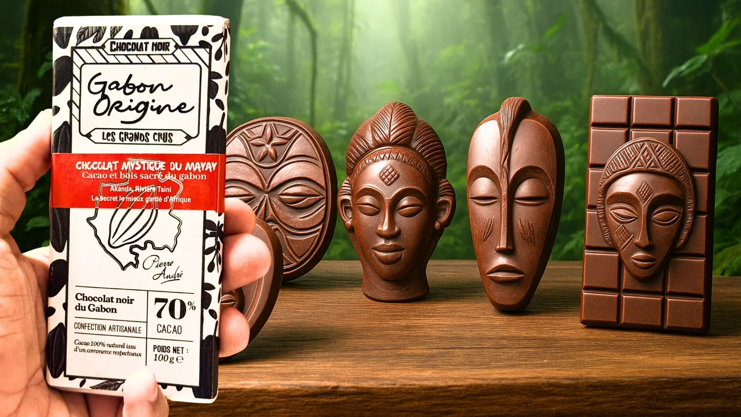 Chocolat à l’iboga Gabon Origine présenté avec des masques en bois