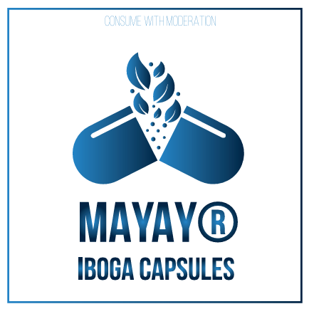 Logo MAYAY Iboga Capsules, en bleu sur fond blanc
