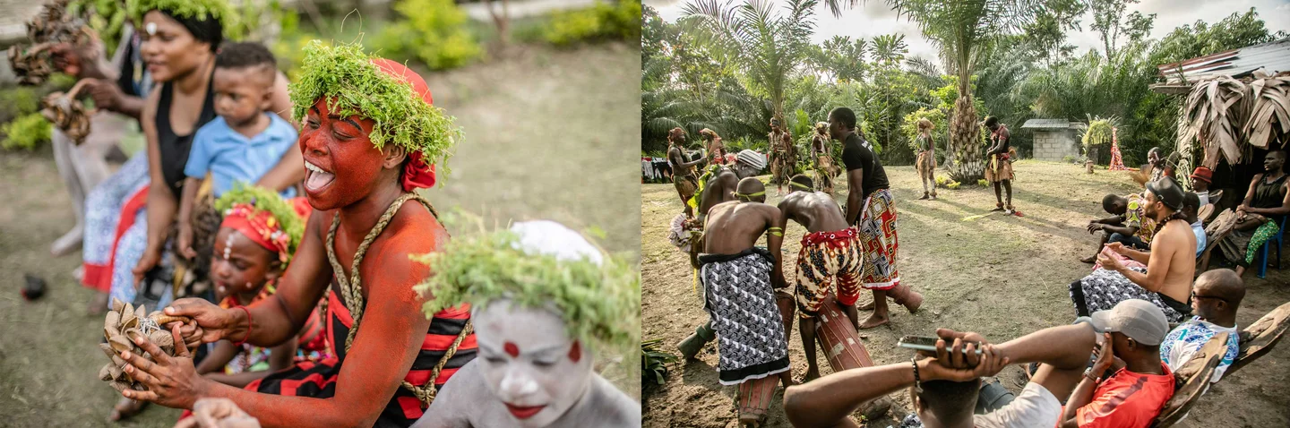 Montage de scènes de danse et de rencontres traditionnelles gabonaises