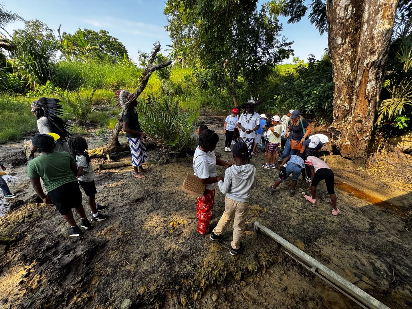 Participants rĂ©unis dans un espace forestier lors dâune activitĂ© de terrain