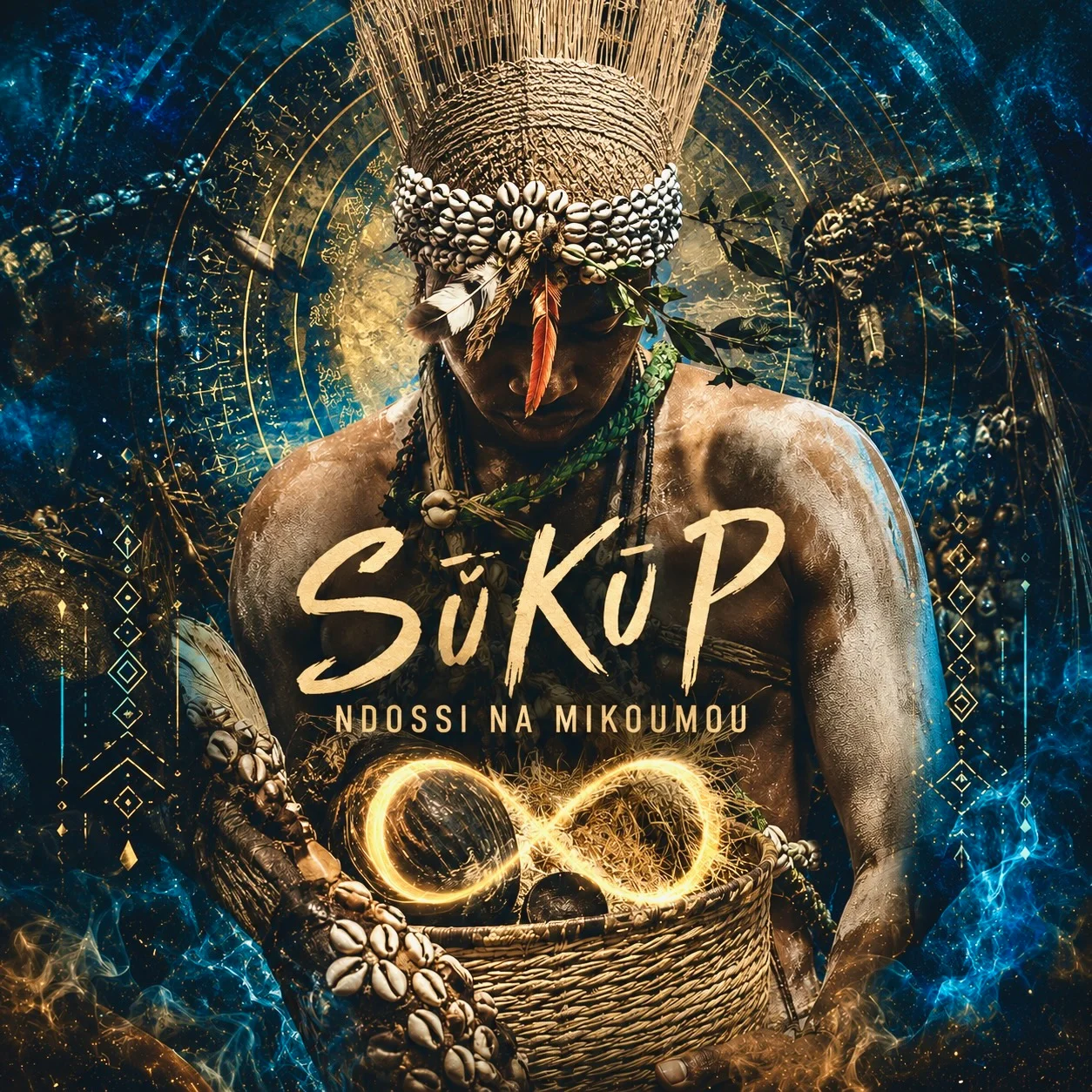 Pochette musicale SūkuP avec figure culturelle et motif de l’infini